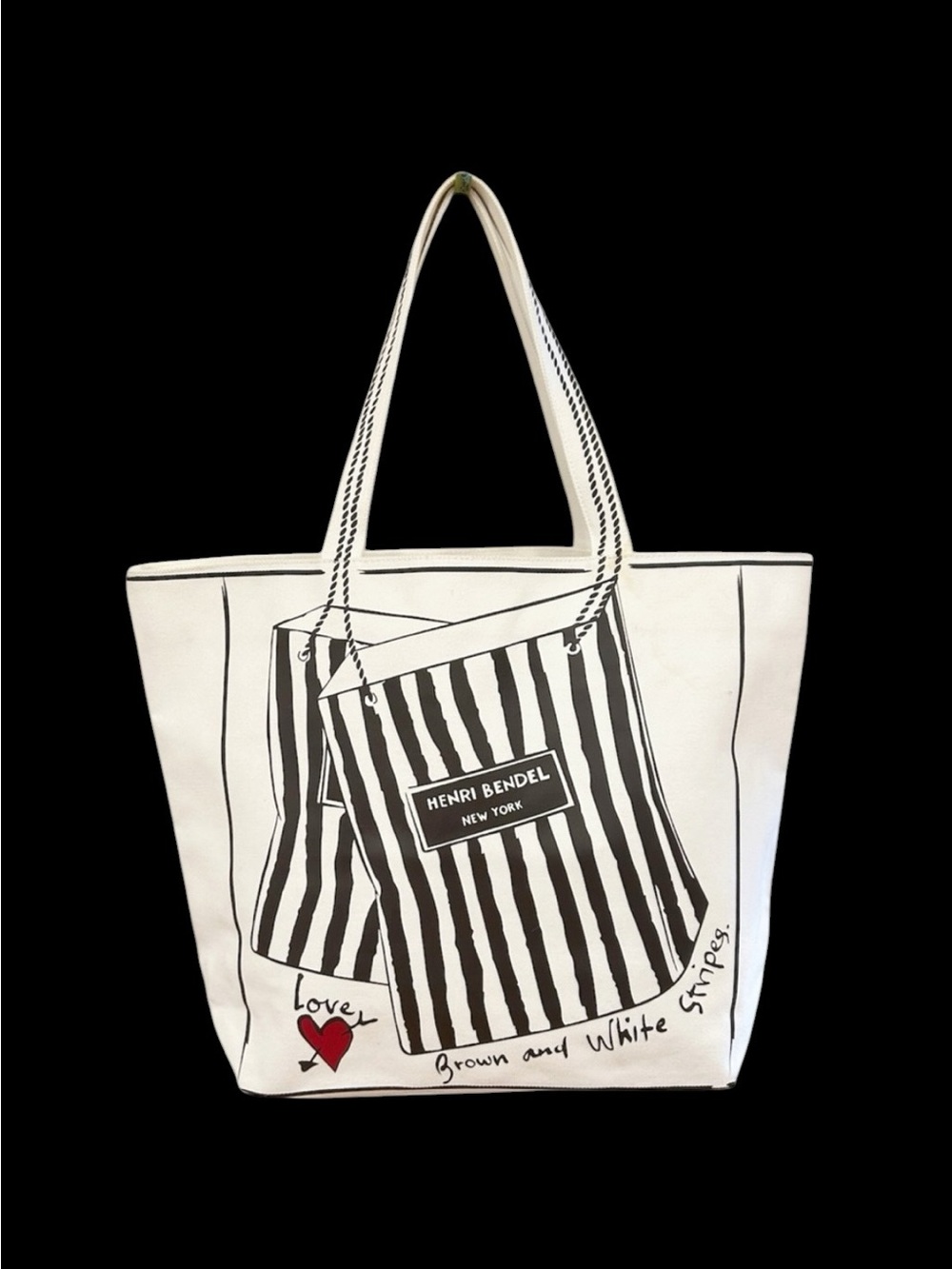 Henri Bendel RARE "Love Brown and White Stripes" Canvas Tote Bag NWOT